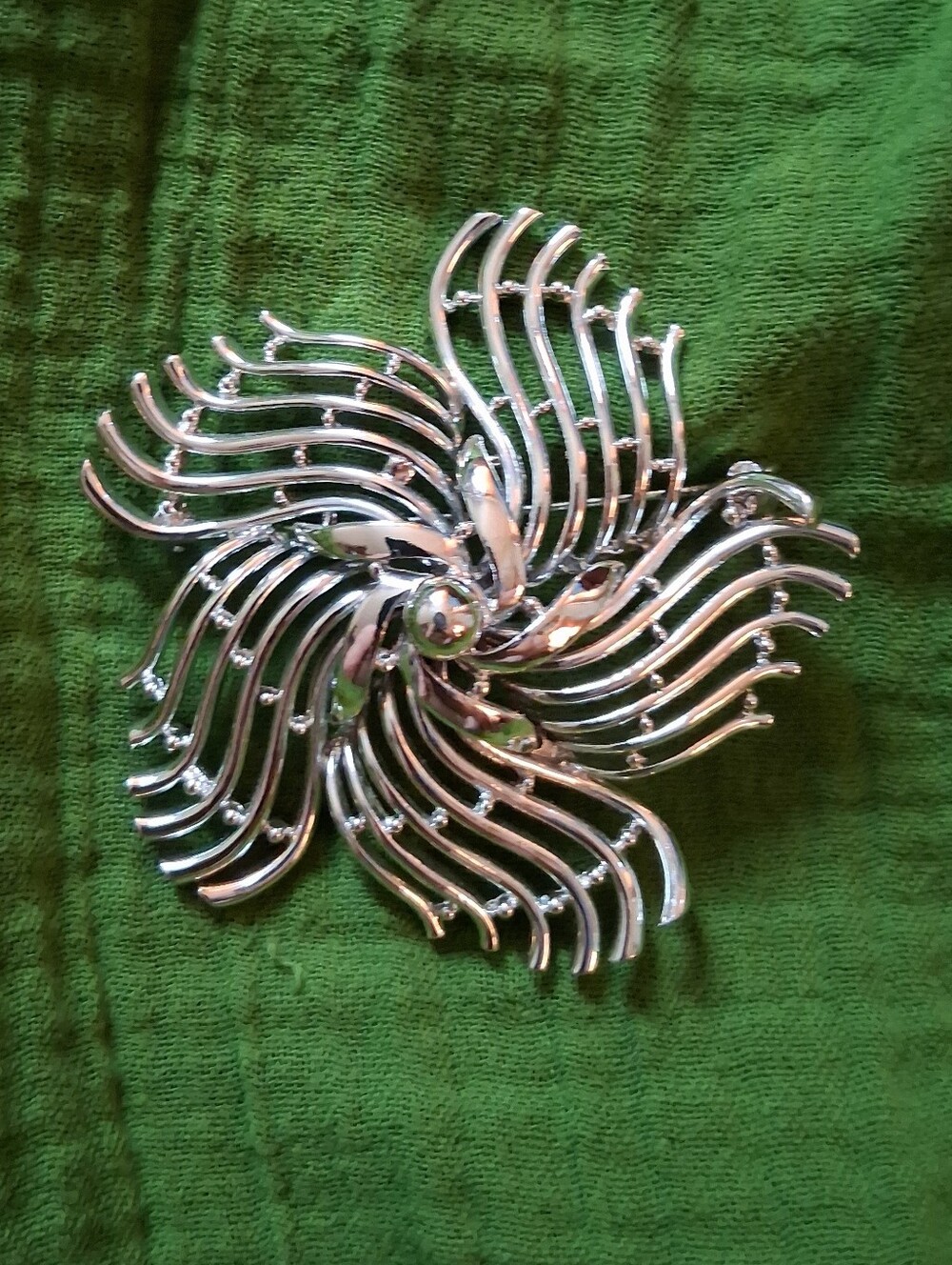 Vintage BSK Silver Chrome Tone Geometric Floral Swirl Brooch